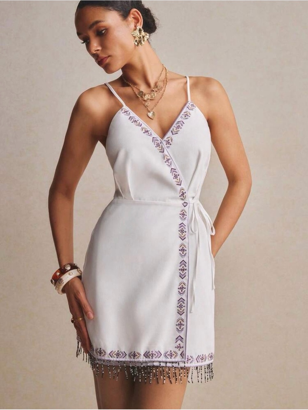ZARA White Embroidered Wrap Mini Dress
